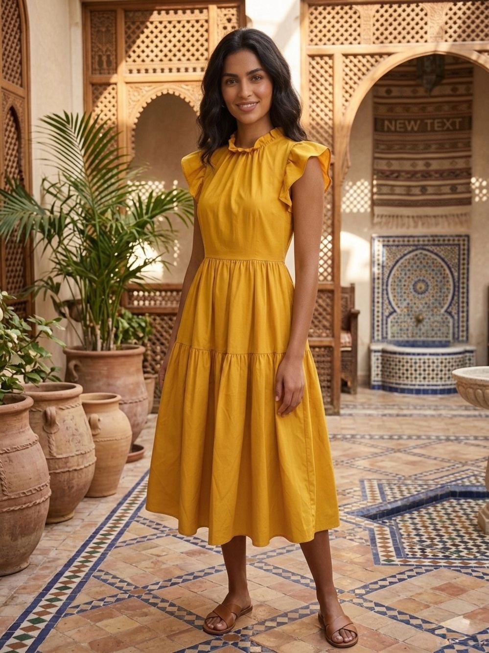 ANTONIO MELANI Mustard Tiered Flutter-Sleeve Midi Dress size 0